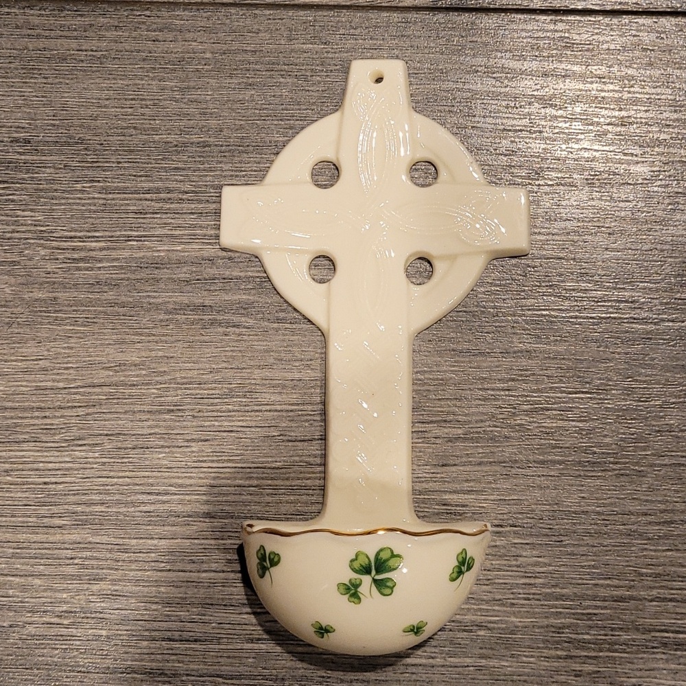 Ceramic Celtic Cross Holy Water Font with Shamrock Motif, Holy Water Included